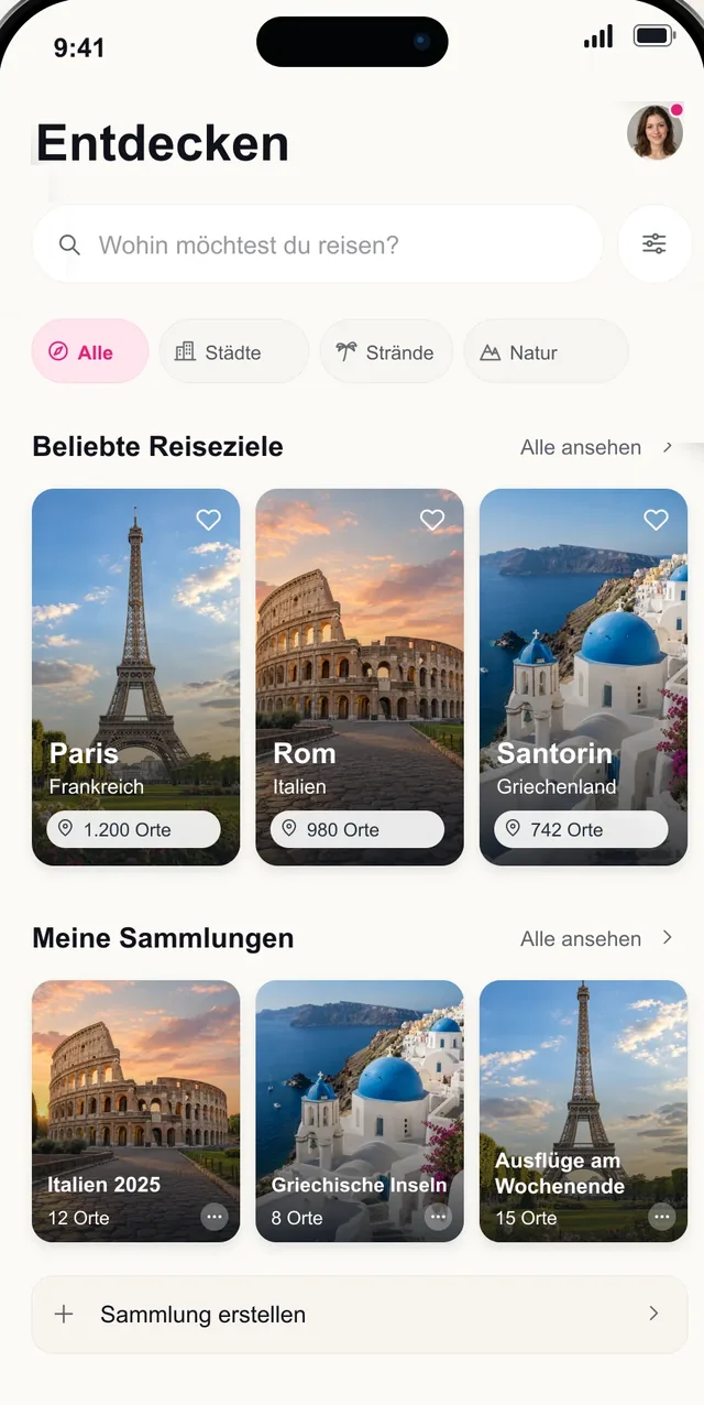Pictoura-Bildschirm „Entdecken“ mit beliebten Reisezielen und Sammlungen