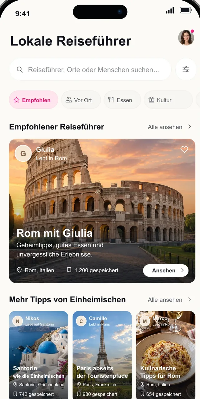Pictoura-Bildschirm mit lokalen Guides und einem Rom-Guide einer Einheimischen