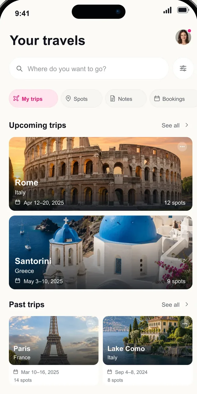 Pictoura Your travels screen with upcoming trips to Rome and Santorini