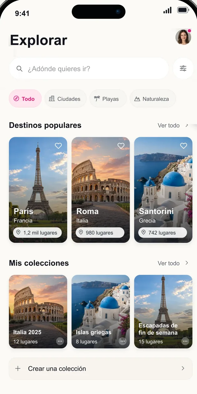 Pantalla Explorar de Pictoura con destinos populares y colecciones de viaje