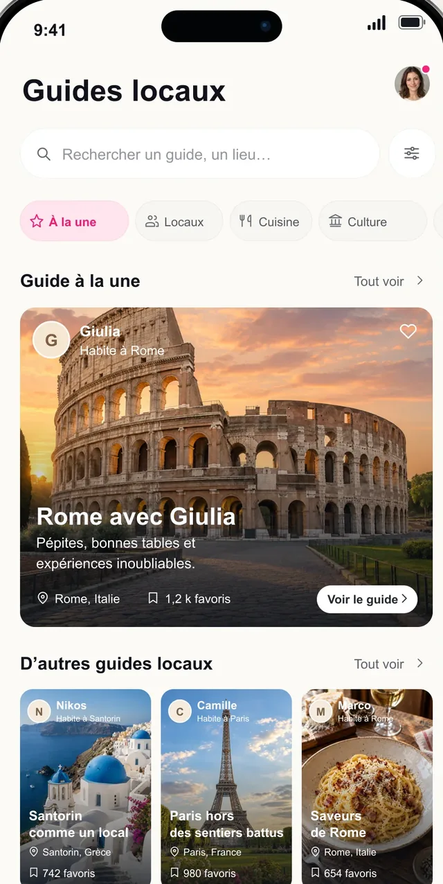 Écran des guides locaux Pictoura avec le guide de Rome d’une habitante