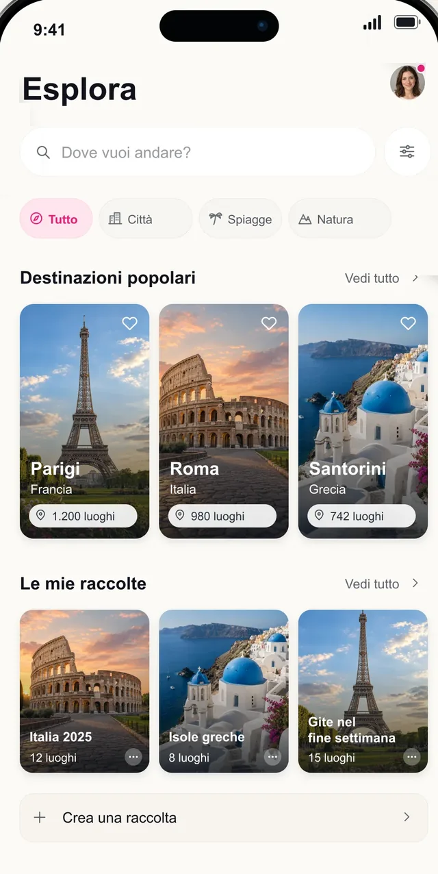 Schermata Esplora di Pictoura con destinazioni popolari e raccolte di viaggio