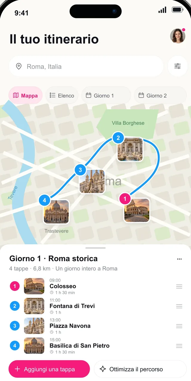 Schermata itinerario di Pictoura con un percorso giorno per giorno a Roma sulla mappa