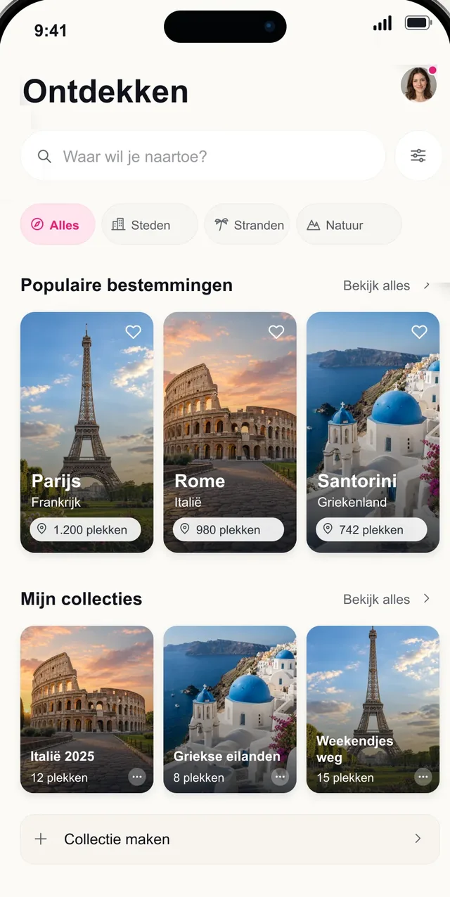 Pictoura-scherm Ontdekken met populaire bestemmingen en reiscollecties
