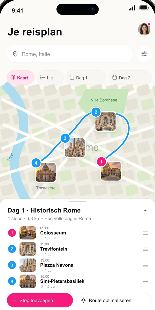 Pictoura-reisplan met een dagroute door Rome op de kaart