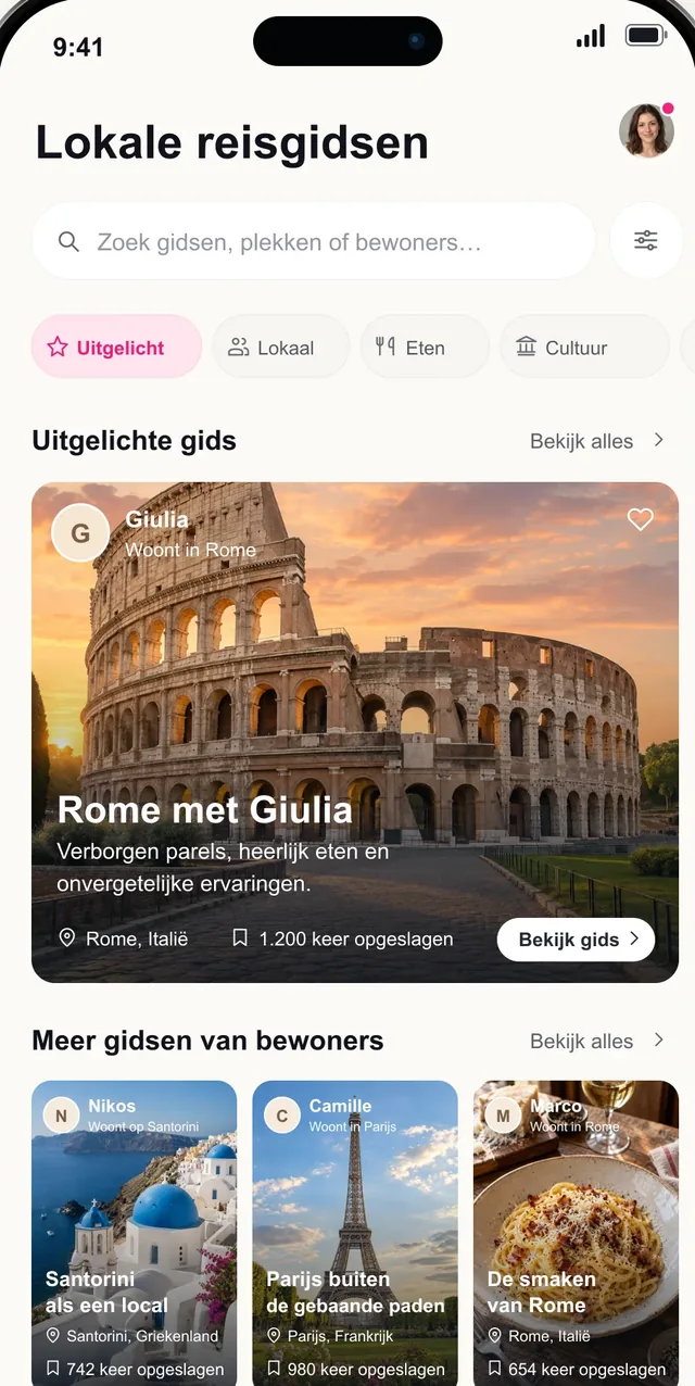 Pictoura-scherm met lokale gidsen en een Rome-gids van een bewoonster