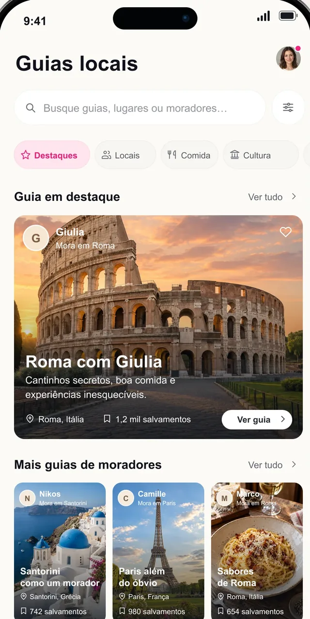 Tela de guias locais do Pictoura com o guia de Roma de uma moradora