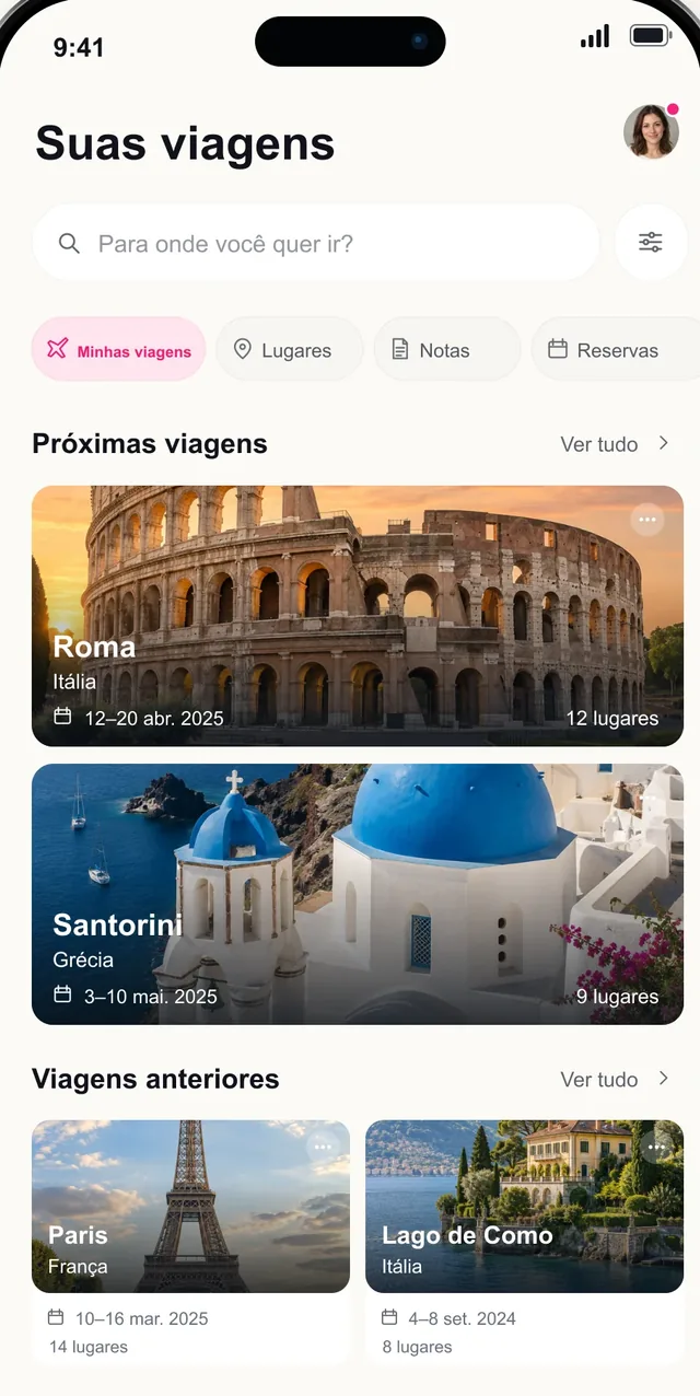 Tela Suas viagens do Pictoura com próximas viagens para Roma e Santorini
